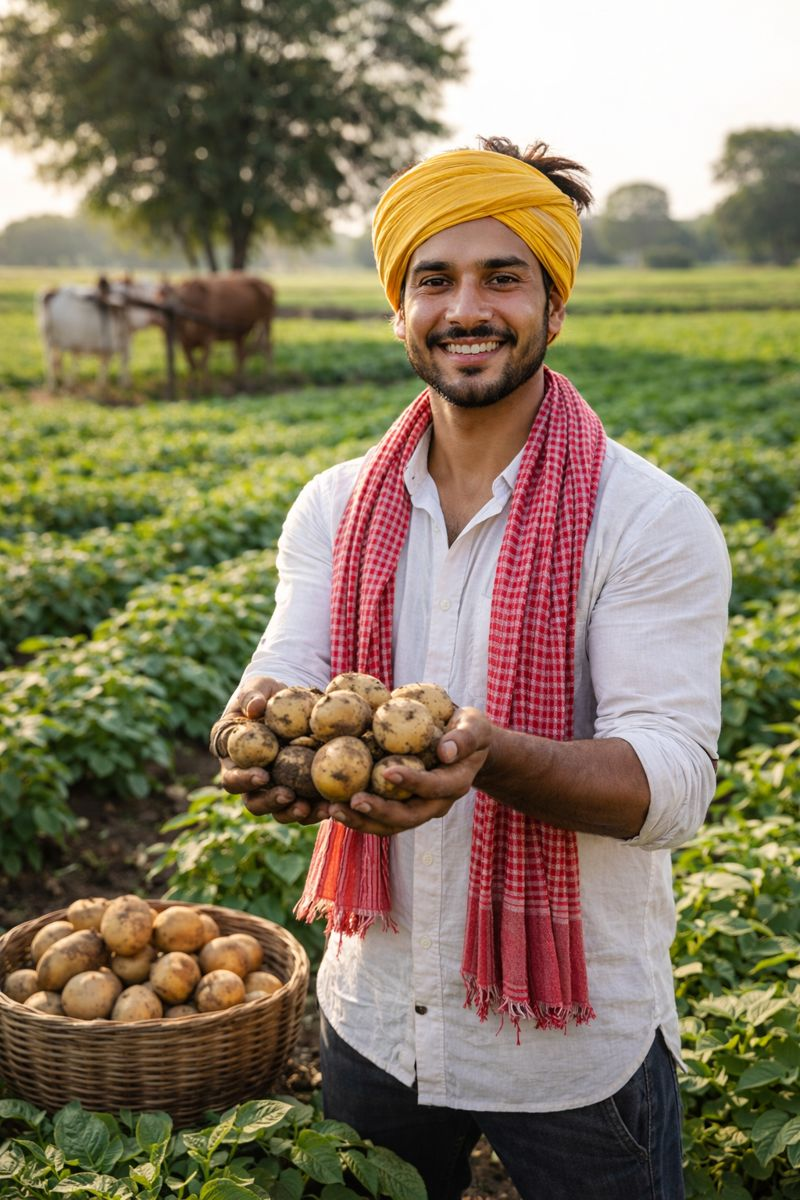 Farmer with Fresh Potatoes in Field